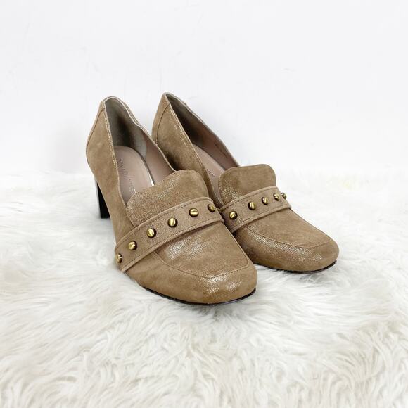 Donald J Pliner 8.5 M Womens Gold Metallic Textile Stud Peggi Loafer Heels - Picture 1 of 9